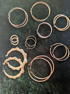 Huge Lot Of 9 Hoop Gold Toned Retro Earrings Different Styles